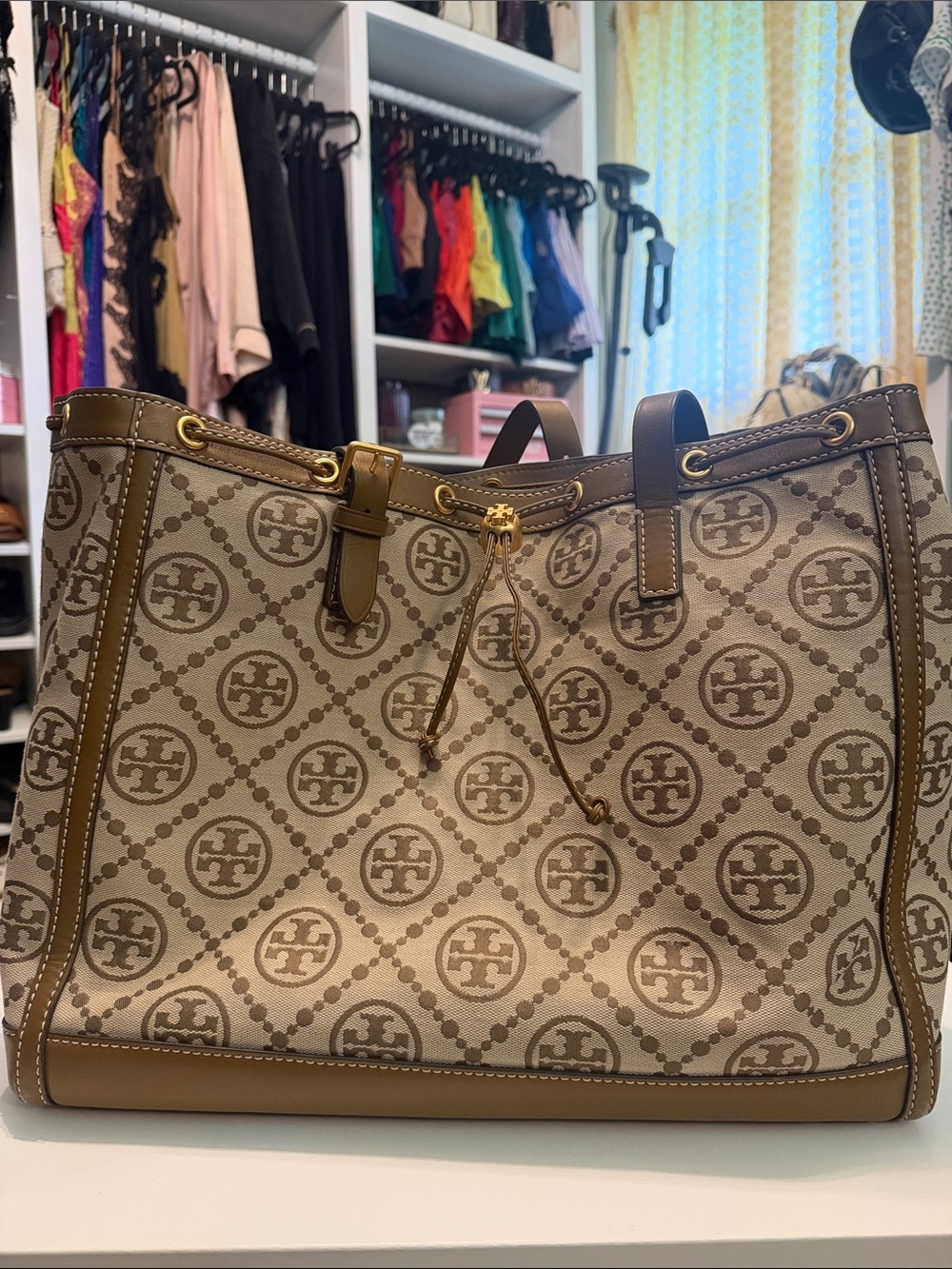 Tory Burch Hazel T Monogram  Canvas Tote with Leather Trim